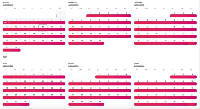 Calendario de Airbnb con 6 meses casi llenos