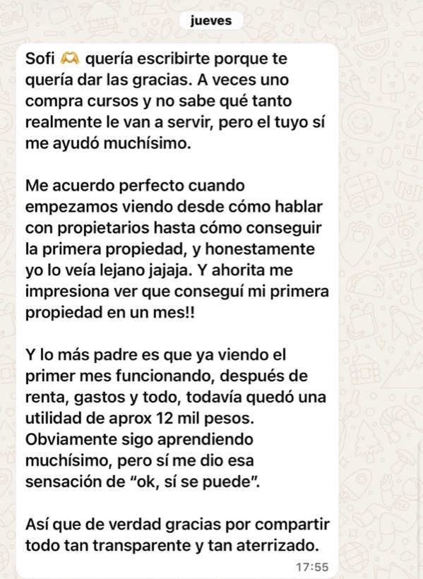 Mensaje de una alumna agradeciendo el curso