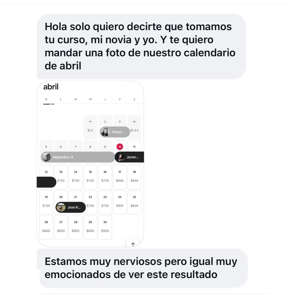 Mensaje de una pareja de alumnos sobre su calendario lleno
